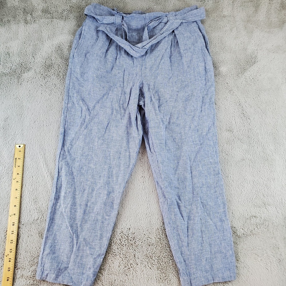 Max Studio Linen Blend Pants Womens XL Paperbag Waist Tie Belt Pinstripe Blue
